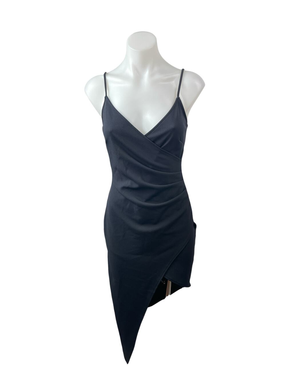Necessary Clothing Black Sleeveless Ruched V Neck Cami Asymmetric Sheath Dress M